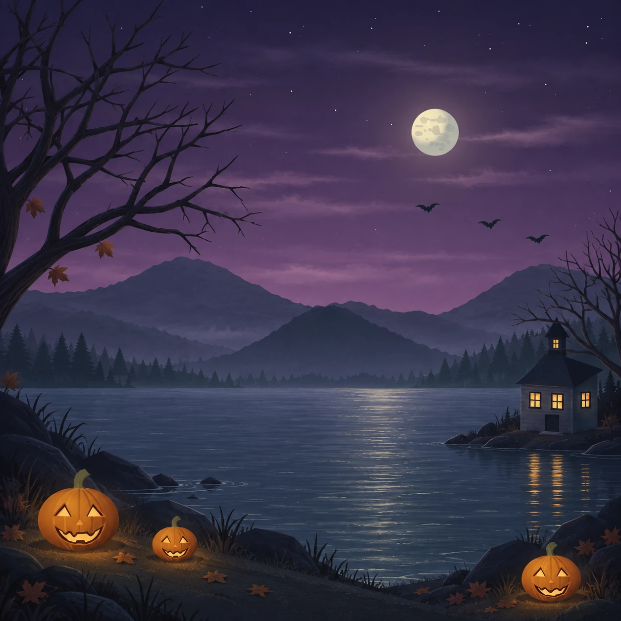 月明かりに照らされた湖と山、かぼちゃの灯りがあるハロウィンの季節背景イメージ