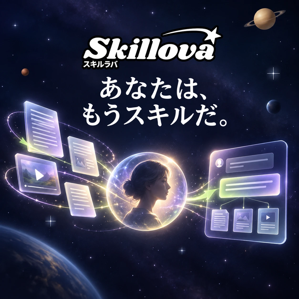 スキルラバの公式ロゴと「あなたは、もうスキルだ。」のコピー。書いてきた投稿と口調・考えを、いつものAIにつなぐイメージ